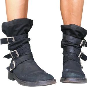 Ann Demeulemeester Suede Slouchy Buckle Moto Boots